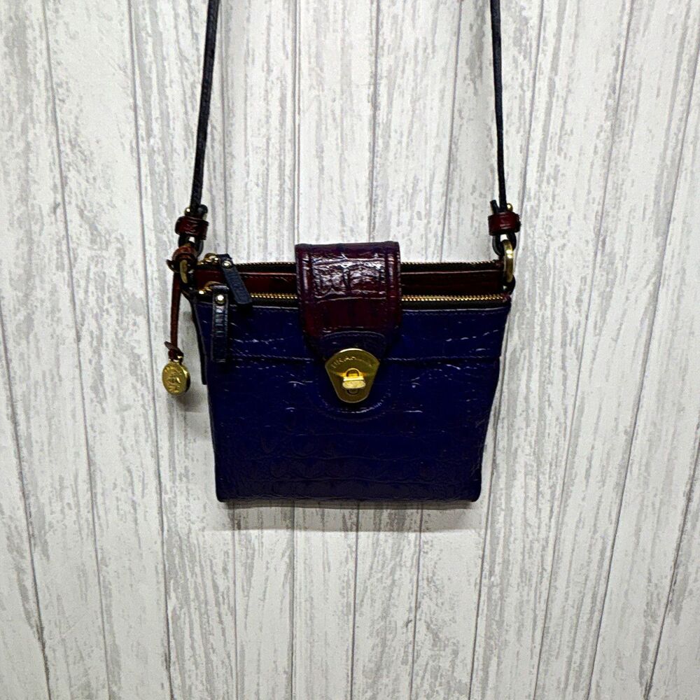 Brahmin Small Purple Burgundy Embossed Alligator Crossbody Wallet Bag Zip